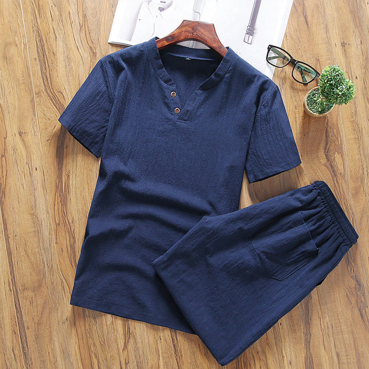 Buddha Stones Casual 2Pcs Plain Sleeve T-Shirt Shorts With Pockets Cotton Linen Men's Meditation Cloth Set - MidnightBlue - US/UK/AU46，EU56 (5XL) - image 9