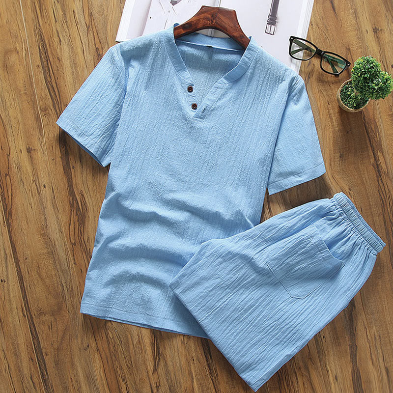 Buddha Stones Casual 2Pcs Plain Sleeve T-Shirt Shorts With Pockets Cotton Linen Men's Meditation Cloth Set - DeepSkyBlue - US/UK/AU46，EU56 (5XL) - image 10