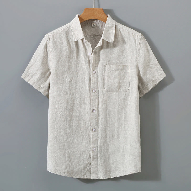 Buddha Stones Summer Casual Pure Color Button Cotton Men's Short Sleeve Shirt WIth Pocket - Linen - US/UK/AU44，EU54 (4XL) - image 1