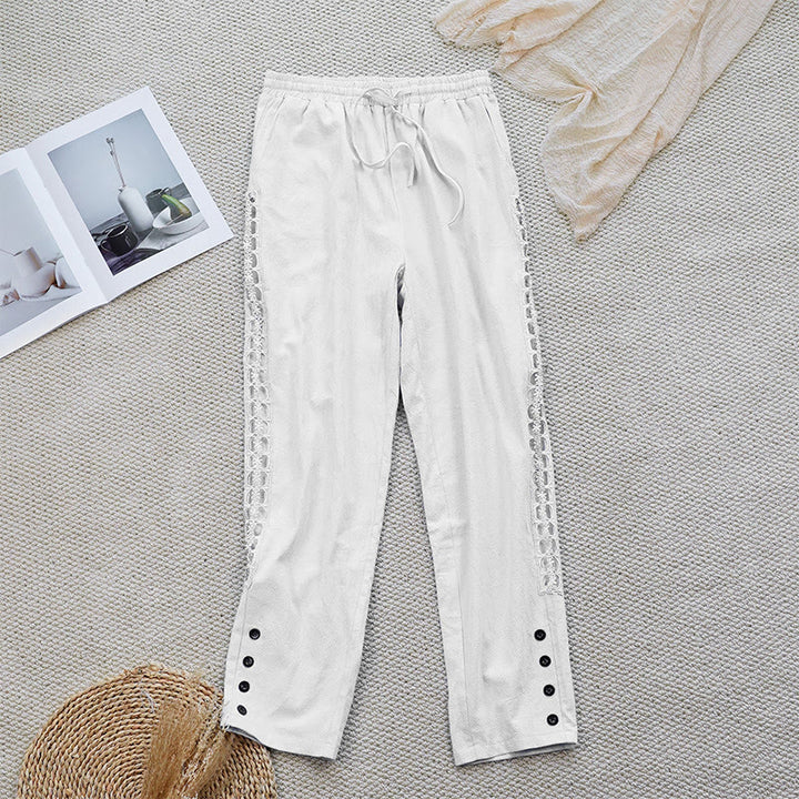 Buddha Stones Summer Plain Color Splicing Design Cotton Linen Women's Pants With Pockets - FloralWhite - US12，UK/AU16，EU44 (2XL) - image 0