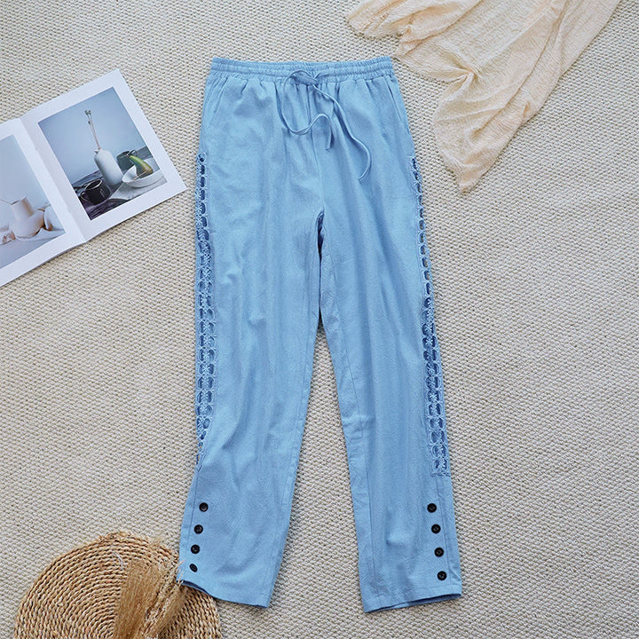 Buddha Stones Summer Plain Color Splicing Design Cotton Linen Women's Pants With Pockets - LightSkyBlue - US12，UK/AU16，EU44 (2XL) - image 28