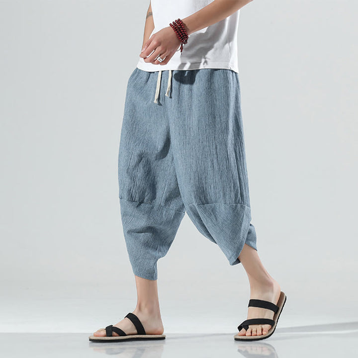 Buddha Stones Plain Simple Design Drawstring 7-8 Length Linen Men's Harem Pants With Pockets - LightBlue - US/UK/AU46，EU56 (5XL) - image 13