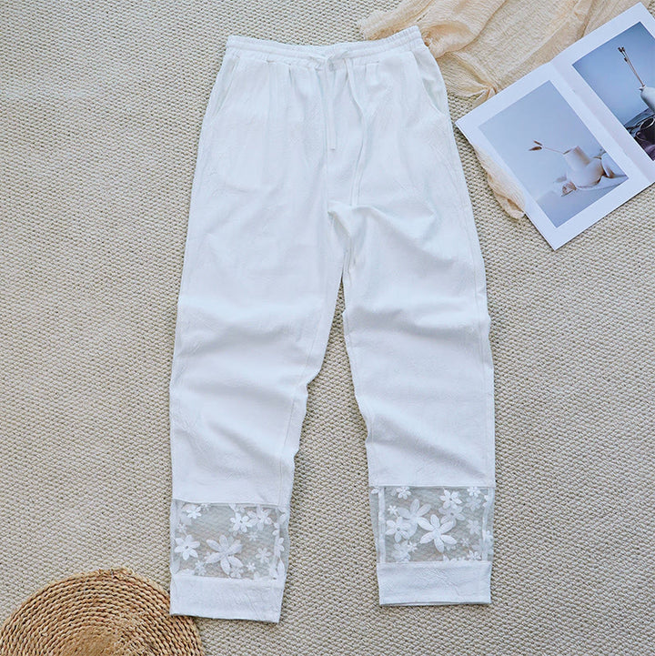 Buddha Stones Summer Daily FloralWhite Plain Patchwork Lace Design Cotton Linen Women's Pants With Pockets - image 4