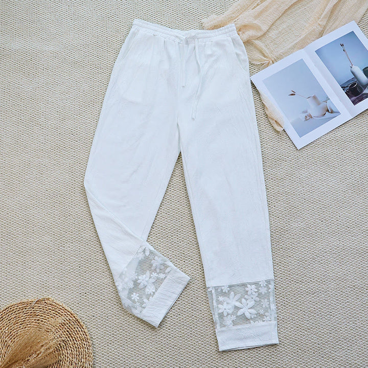 Buddha Stones Summer Daily FloralWhite Plain Patchwork Lace Design Cotton Linen Women's Pants With Pockets - FloralWhite - US14，UK/AU18，EU46 (2XL) - image 0