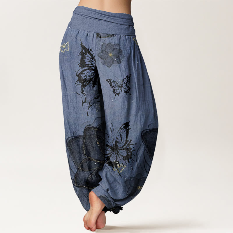 Buddha Stones Cotton Butterfly Flowers Pattern Women's Elastic Waist Harem Pants - image 8