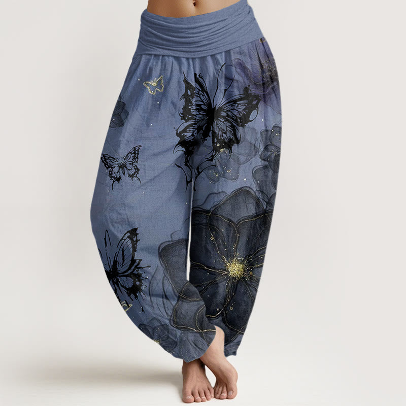 Buddha Stones Cotton Butterfly Flowers Pattern Women's Elastic Waist Harem Pants - CornflowerBlue - US22，UK/AU26，EU54 (6XL) - image 7