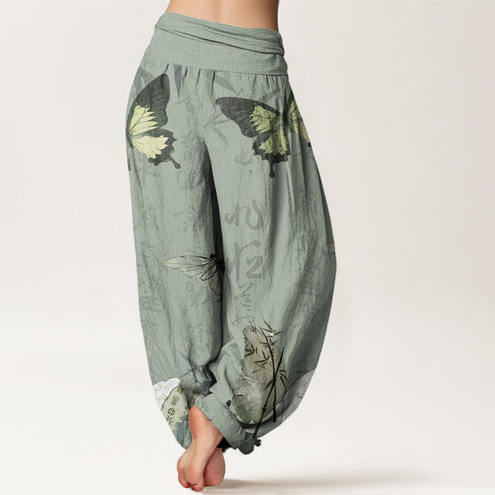 Buddha Stones Cotton Butterfly Bamboo Leaves Chinese Characters Pattern Women's Elastic Waist Harem Pants - image 5