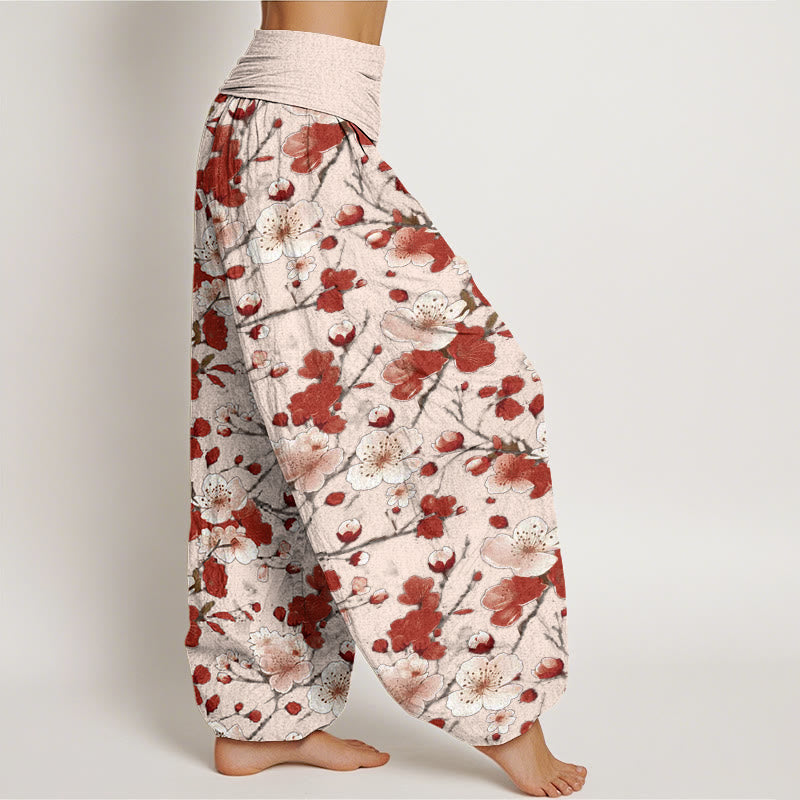 Buddha Stones Cotton Pink Red Peach Blossoms Design Women's Elastic Waist Harem Pants - image 6