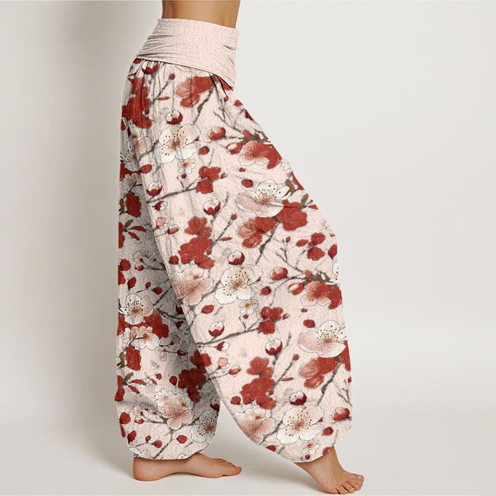 Buddha Stones Cotton Pink Red Peach Blossoms Design Women's Elastic Waist Harem Pants - image 6