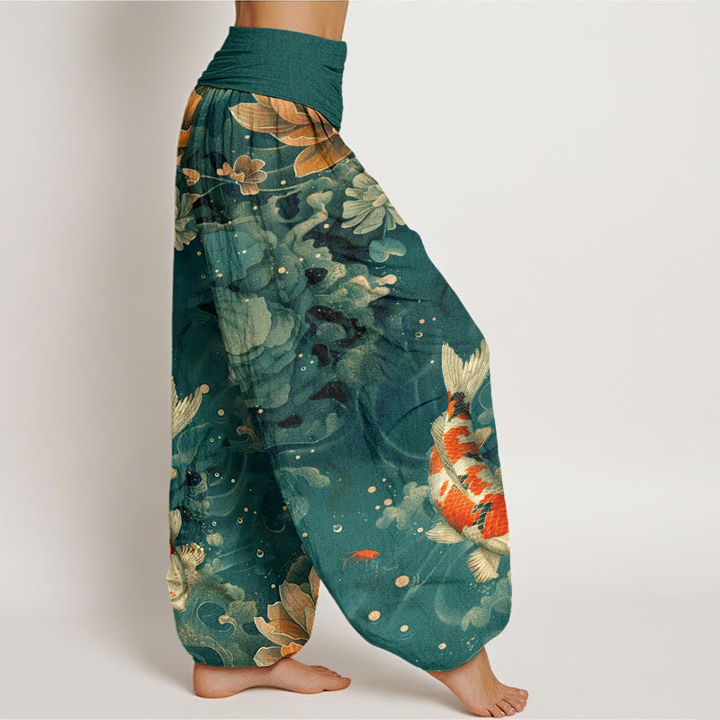 Buddha Stones Colorful Koi Fish Lotus Flowers Design Women's Elastic Waist Harem Pants - image 2