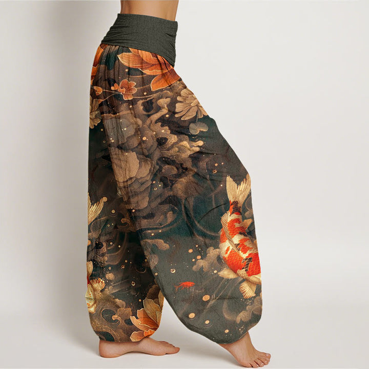 Buddha Stones Colorful Koi Fish Lotus Flowers Design Women's Elastic Waist Harem Pants - image 6