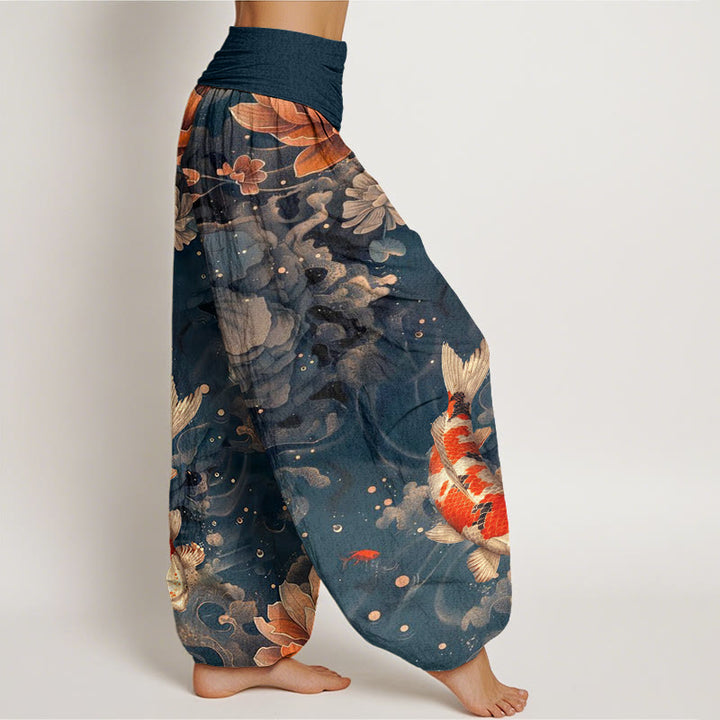 Buddha Stones Colorful Koi Fish Lotus Flowers Design Women's Elastic Waist Harem Pants - image 9