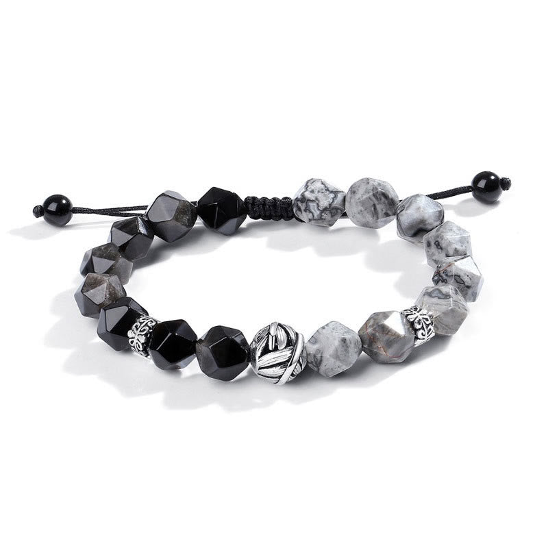 Buddha Stones Natural Irregular Cut Obsidian Grey Jasper 925 Sterling Silver Rolled Leaf Bead Protection Bracelet - image 10