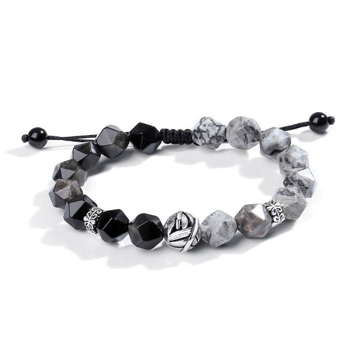Buddha Stones Natural Irregular Cut Obsidian Grey Jasper 925 Sterling Silver Rolled Leaf Bead Protection Bracelet - image 10