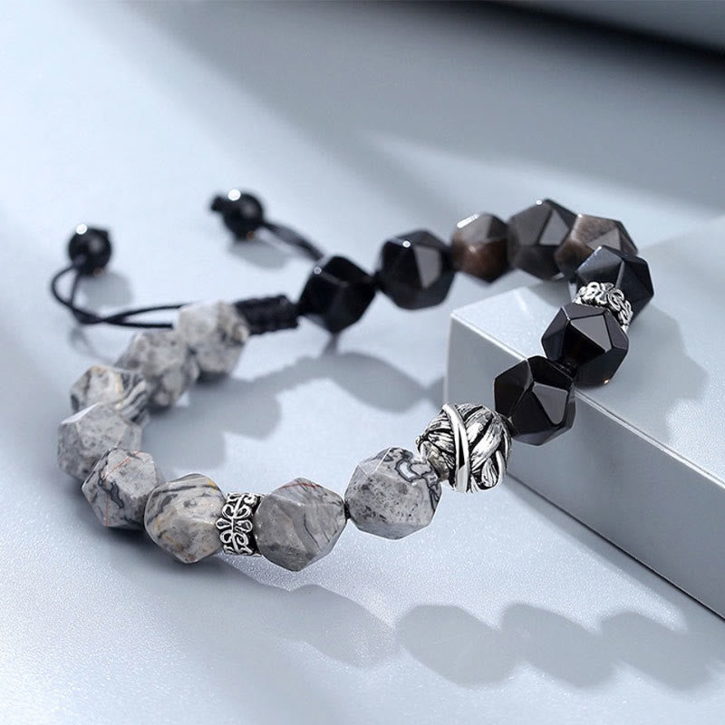 Buddha Stones Natural Irregular Cut Obsidian Grey Jasper 925 Sterling Silver Rolled Leaf Bead Protection Bracelet - image 1