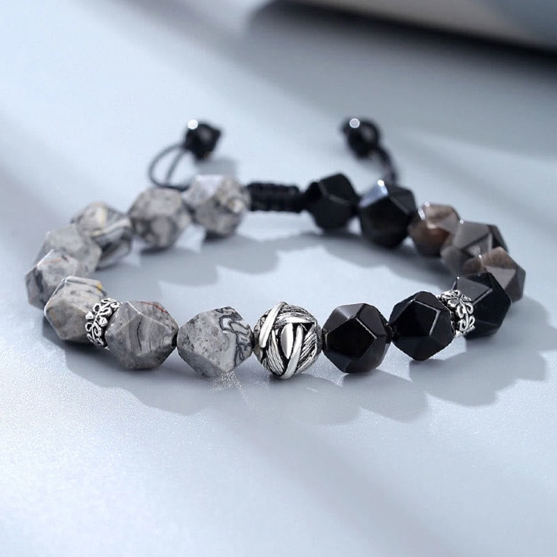 Buddha Stones Natural Irregular Cut Obsidian Grey Jasper 925 Sterling Silver Rolled Leaf Bead Protection Bracelet - Obsidian&Grey Jasper-10mm - image 0