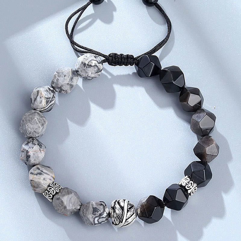 Buddha Stones Natural Irregular Cut Obsidian Grey Jasper 925 Sterling Silver Rolled Leaf Bead Protection Bracelet - image 2