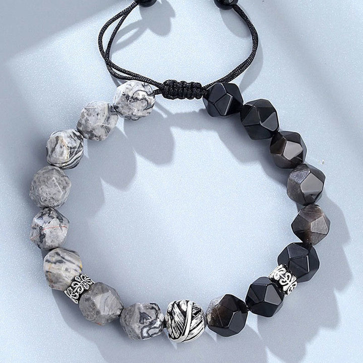 Buddha Stones Natural Irregular Cut Obsidian Grey Jasper 925 Sterling Silver Rolled Leaf Bead Protection Bracelet - image 2