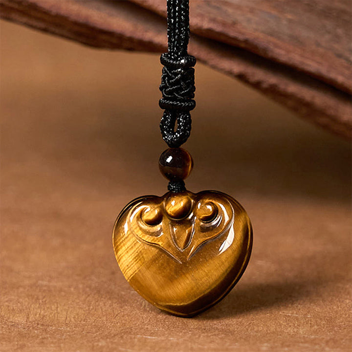 Buddha Stones Natural Tiger Eye Love Heart Pattern Protection Rope Necklace Pendant