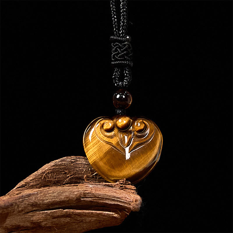 Buddha Stones Natural Tiger Eye Love Heart Pattern Protection Rope Necklace Pendant