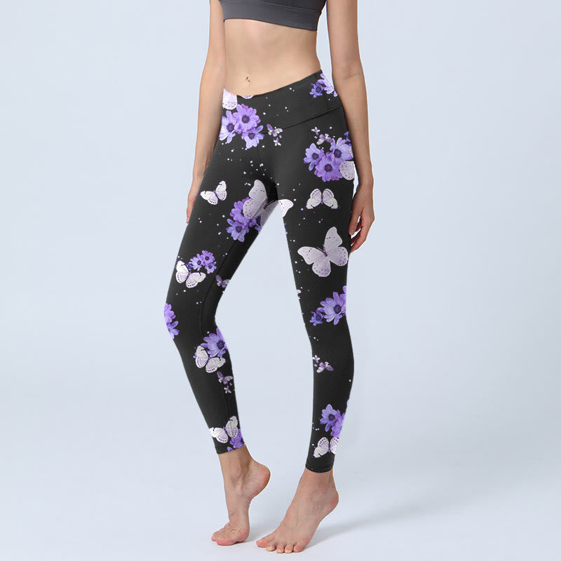 Buddha Stones Purple Floral Butterfly Print Exercise Leggings Women's Yoga Pants - Black - US18，UK/AU22，EU50 (4XL) - image 0