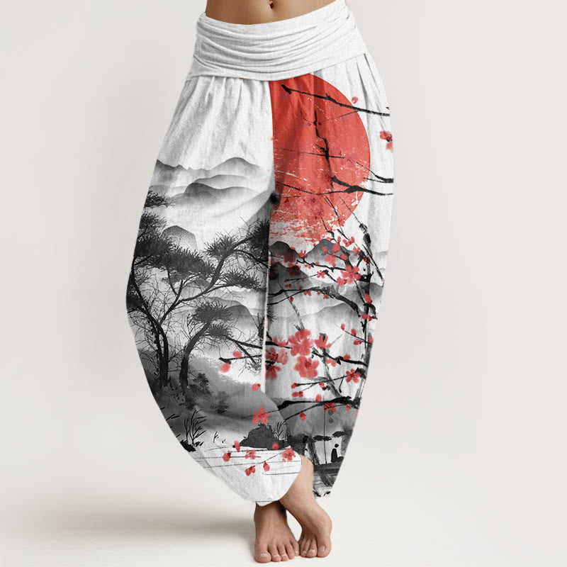 Buddha Stones Cotton Casual Red Plum Blossom Mountains Sun Pattern Women's Elastic Waist Harem Pants - White - US22，UK/AU26，EU54 (6XL) - image 0