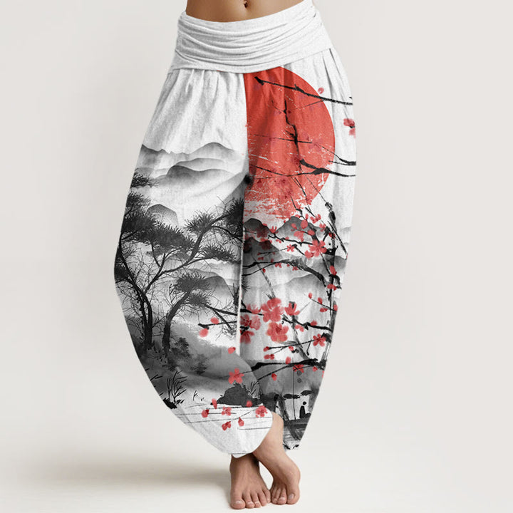 Buddha Stones Cotton Casual Red Plum Blossom Mountains Sun Pattern Women's Elastic Waist Harem Pants - White - US22，UK/AU26，EU54 (6XL) - image 0