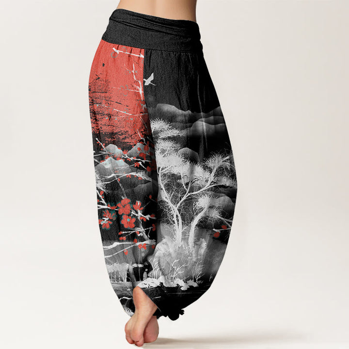 Buddha Stones Casual Red Plum Blossom Mountains Sun Pattern Women's Elastic Waist Harem Pants - image 5