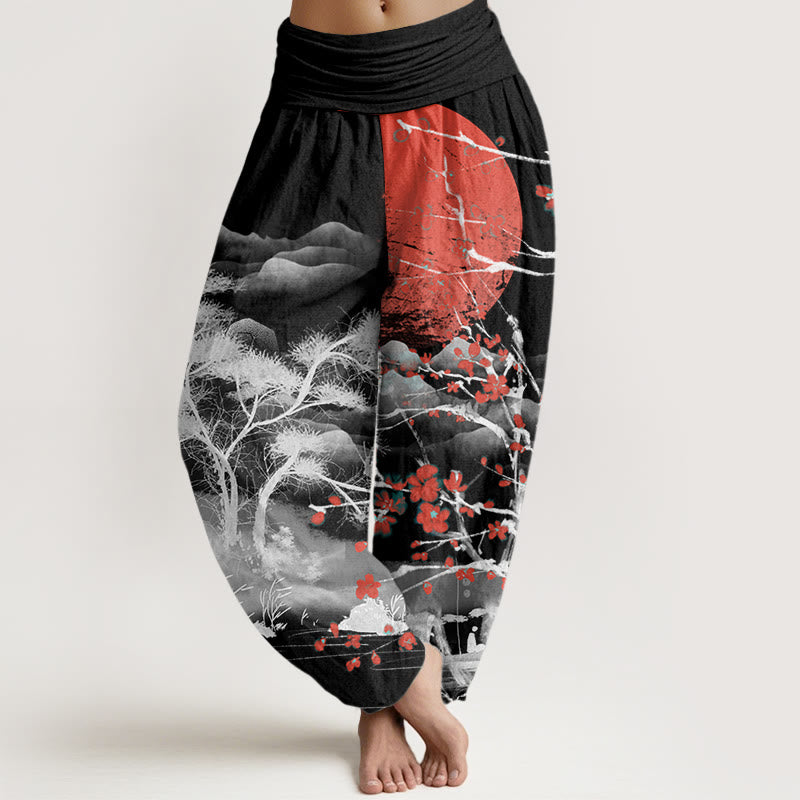 Buddha Stones Cotton Casual Red Plum Blossom Mountains Sun Pattern Women's Elastic Waist Harem Pants - Black - US22，UK/AU26，EU54 (6XL) - image 4
