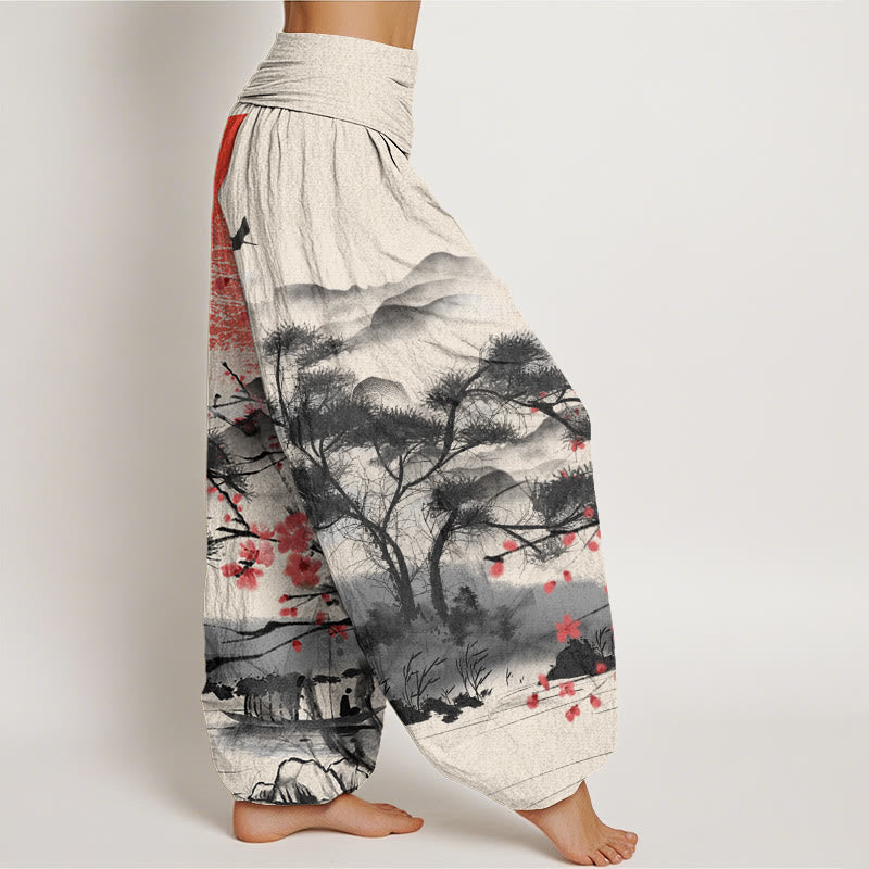 Buddha Stones Cotton Casual Red Plum Blossom Mountains Sun Pattern Women's Elastic Waist Harem Pants - image 9
