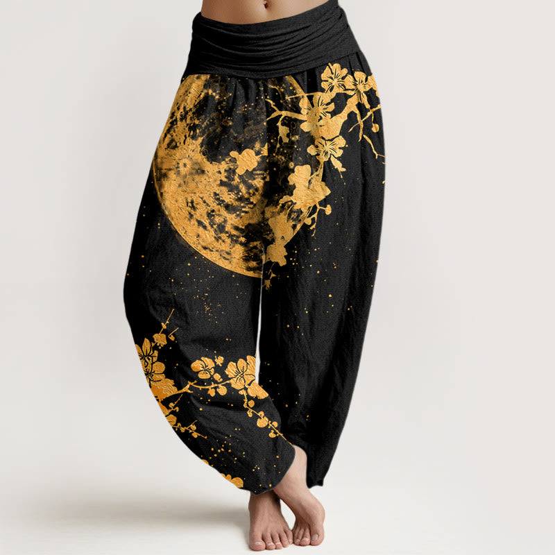 Buddha Stones Cotton Golden Plum Blossom Full Moon Pattern Women's Elastic Waist Harem Pants - Black - US22，UK/AU26，EU54 (6XL) - image 0