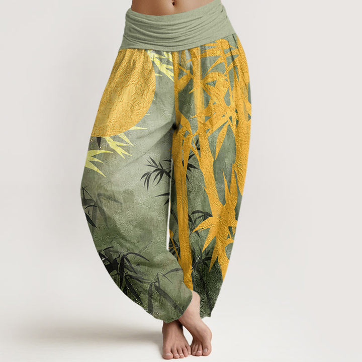 Buddha Stones Bamboo Leaves Full Moon Pattern Women's Elastic Waist Harem Pants - LightGreen - US22，UK/AU26，EU54 (6XL) - image 0
