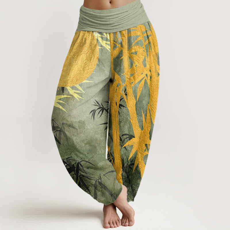 Buddha Stones Cotton Bamboo Leaves Full Moon Pattern Women's Elastic Waist Harem Pants - LightGreen - US22，UK/AU26，EU54 (6XL) - image 0