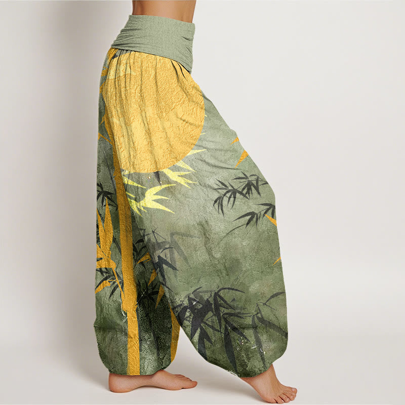 Buddha Stones Cotton Bamboo Leaves Full Moon Pattern Women's Elastic Waist Harem Pants - image 2