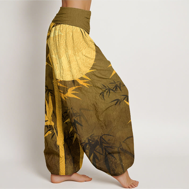 Buddha Stones Bamboo Leaves Full Moon Pattern Women's Elastic Waist Harem Pants - image 6