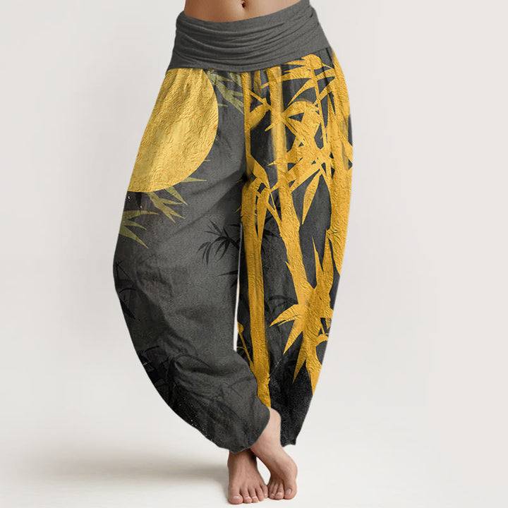 Buddha Stones Cotton Bamboo Leaves Full Moon Pattern Women's Elastic Waist Harem Pants - DarkSlateGray - US22，UK/AU26，EU54 (6XL) - image 7