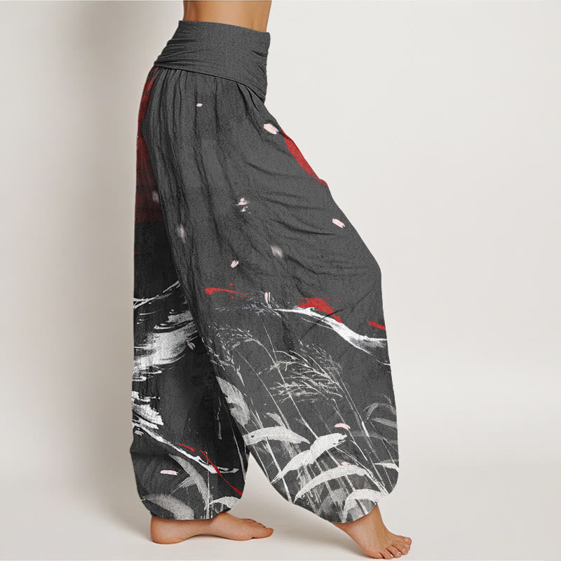 Buddha Stones Cotton Casual Red-crowned Reed Sun Crane Pattern Women's Elastic Waist Harem Pants - image 6