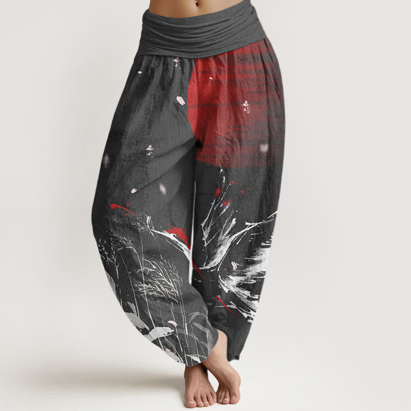 Buddha Stones Cotton Casual Red-crowned Reed Sun Crane Pattern Women's Elastic Waist Harem Pants - Black - US22，UK/AU26，EU54 (6XL) - image 4