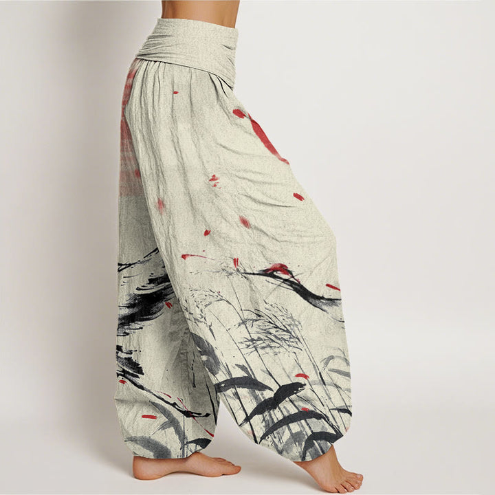 Buddha Stones Cotton Casual Red-crowned Reed Sun Crane Pattern Women's Elastic Waist Harem Pants - image 9