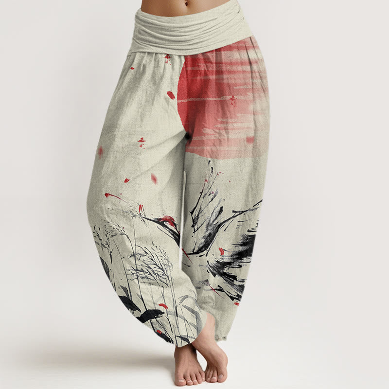 Buddha Stones Cotton Casual Red-crowned Reed Sun Crane Pattern Women's Elastic Waist Harem Pants - PaleGoldenrod - US22，UK/AU26，EU54 (6XL) - image 7