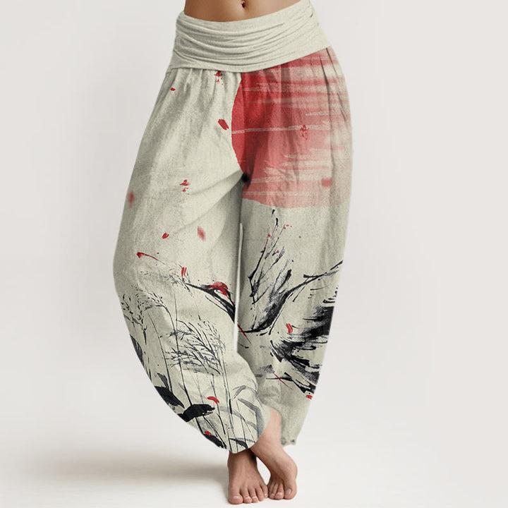 Buddha Stones Cotton Casual Red-crowned Reed Sun Crane Pattern Women's Elastic Waist Harem Pants - PaleGoldenrod - US22，UK/AU26，EU54 (6XL) - image 7