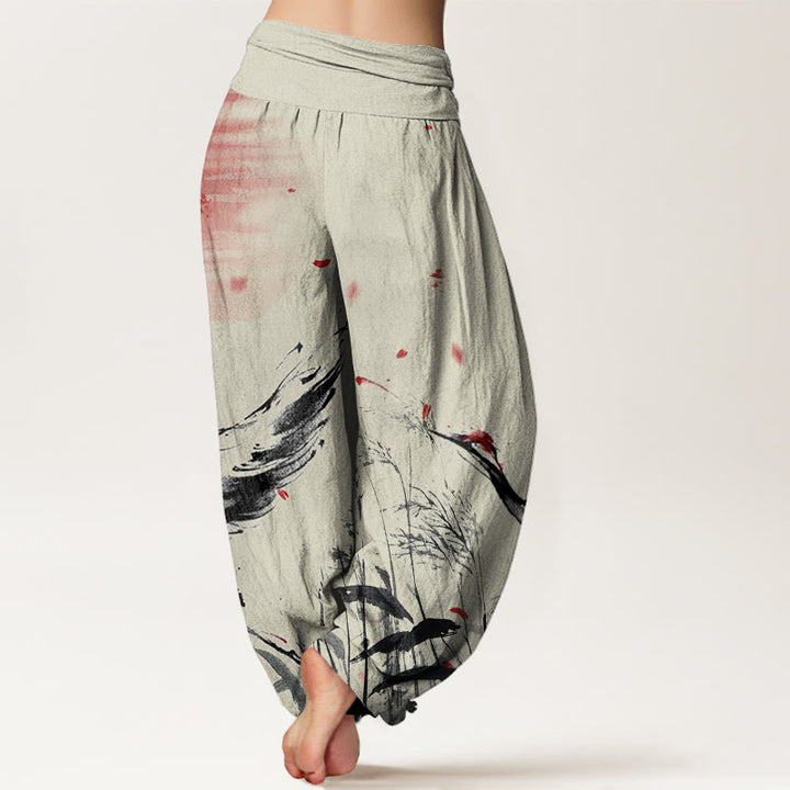 Buddha Stones Cotton Casual Red-crowned Reed Sun Crane Pattern Women's Elastic Waist Harem Pants - image 8