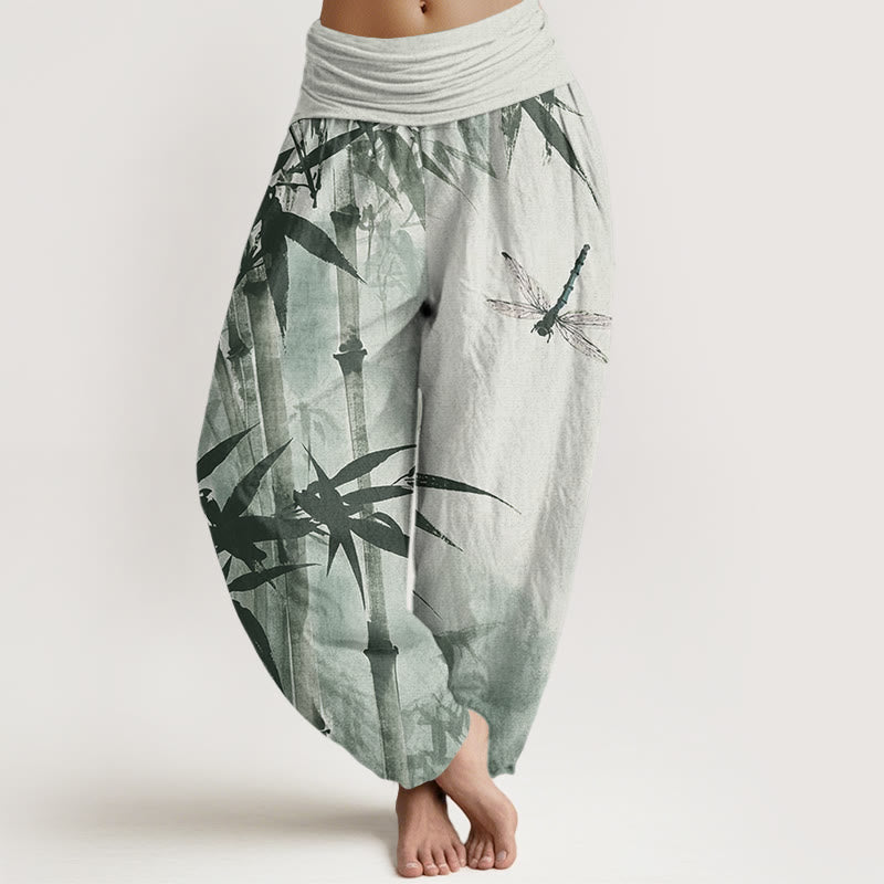Buddha Stones Casual Bamboo Leaves Dragonfly Pattern Women's Elastic Waist Harem Pants - LightGreen - US22，UK/AU26，EU54 (6XL) - image 0