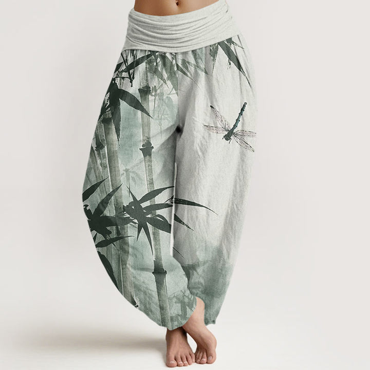 Buddha Stones Casual Bamboo Leaves Dragonfly Pattern Women's Elastic Waist Harem Pants - LightGreen - US22，UK/AU26，EU54 (6XL) - image 0