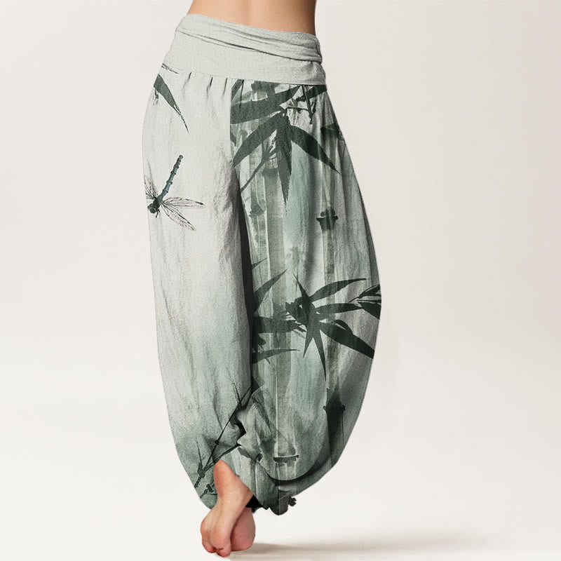 Buddha Stones Cotton Casual Bamboo Leaves Dragonfly Pattern Women's Elastic Waist Harem Pants - image 1