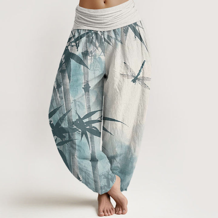 Buddha Stones Casual Bamboo Leaves Dragonfly Pattern Women's Elastic Waist Harem Pants - Linen - US22，UK/AU26，EU54 (6XL) - image 7
