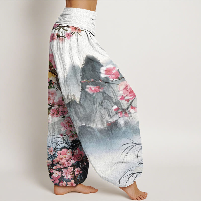 Buddha Stones Cotton Bird Cherry Blossom Mountains Pattern Women's Elastic Waist Harem Pants - image 2