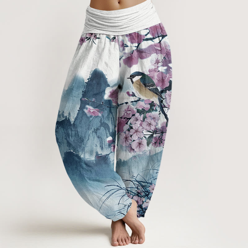 Buddha Stones Cotton Bird Cherry Blossom Mountains Pattern Women's Elastic Waist Harem Pants - MediumBlue - US22，UK/AU26，EU54 (6XL) - image 4