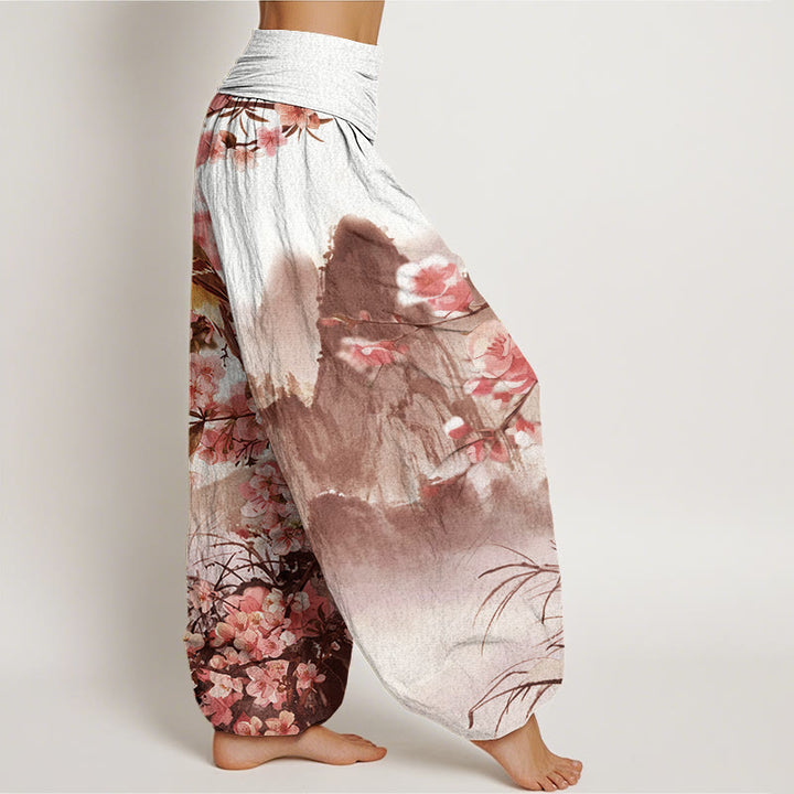 Buddha Stones Cotton Bird Cherry Blossom Mountains Pattern Women's Elastic Waist Harem Pants - image 9