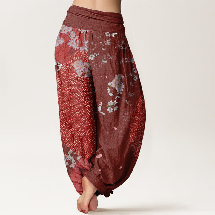 Buddha Stones Cotton Casual Red Oil-paper Umbrella Cherry Blossom Pattern Women's Elastic Waist Harem Pants - image 1